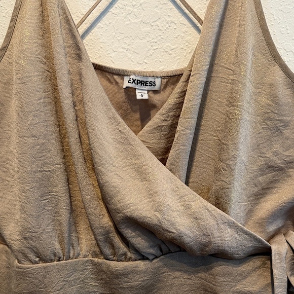 Express Elegant Sparkly Taupe Wrap Cross Camisole Gold Tie Front Blouse Size L/G - Picture 5 of 9